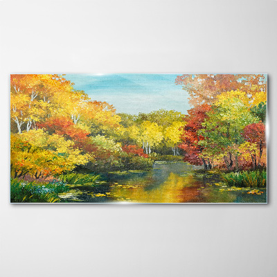 Golden autumn by the lake Glass art print