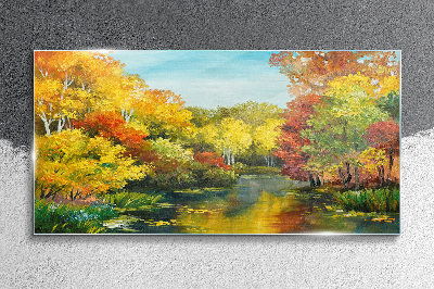 Golden autumn by the lake Glass art print