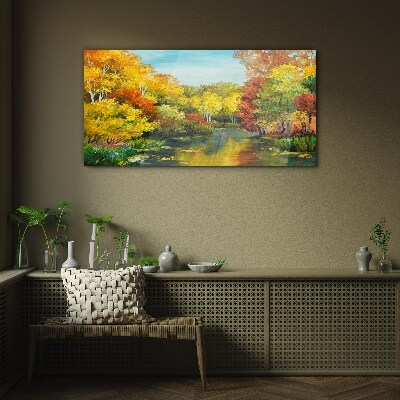 Golden autumn by the lake Glass art print