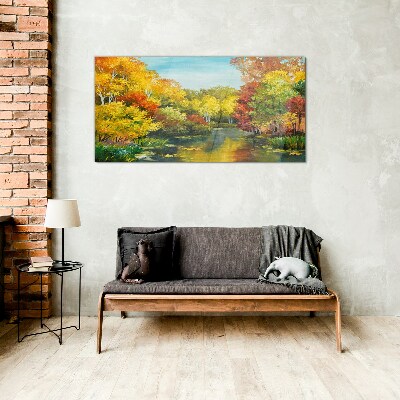 Golden autumn by the lake Glass art print