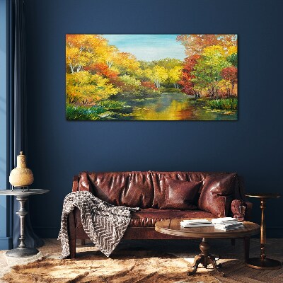 Golden autumn by the lake Glass art print