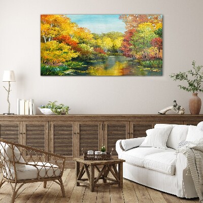 Golden autumn by the lake Glass art print