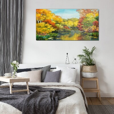 Golden autumn by the lake Glass art print