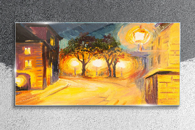 Golden evening in the city Wall art on glass