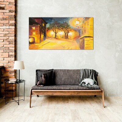 Golden evening in the city Wall art on glass