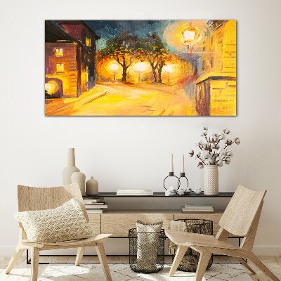 Golden evening in the city Wall art on glass