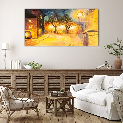 Golden evening in the city Wall art on glass
