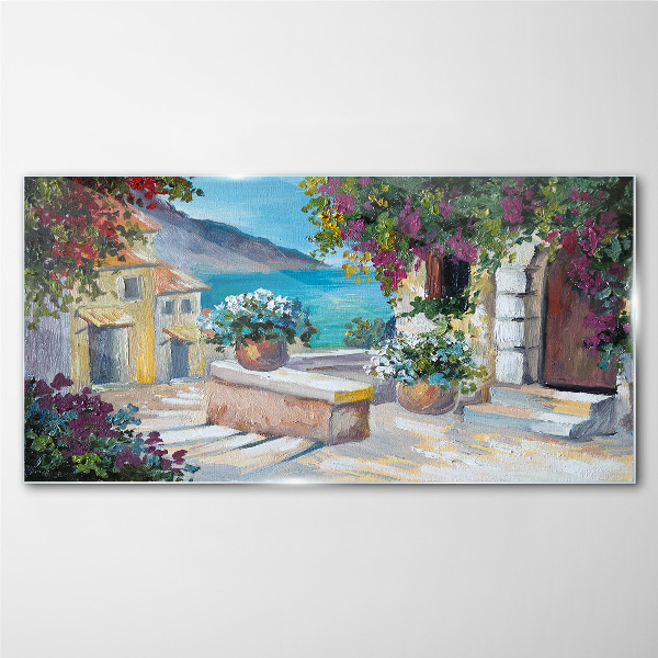 A seaside town in flowers Glass art print