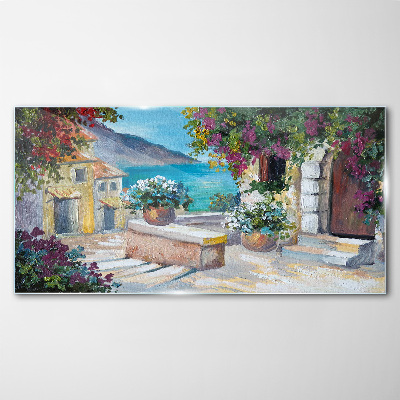 A seaside town in flowers Glass art print