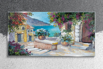 A seaside town in flowers Glass art print