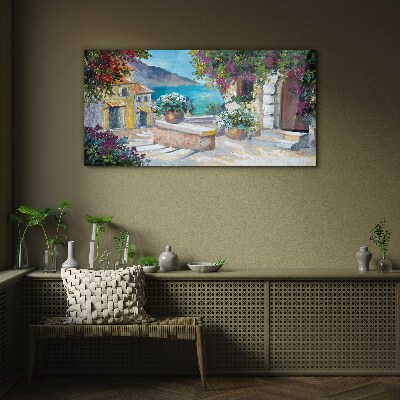 A seaside town in flowers Glass art print