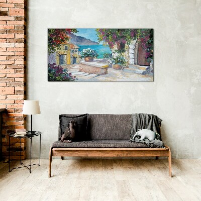A seaside town in flowers Glass art print