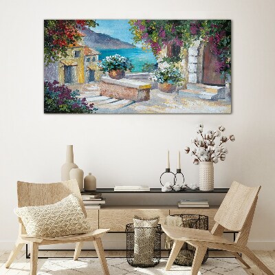 A seaside town in flowers Glass art print