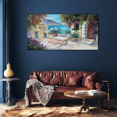 A seaside town in flowers Glass art print