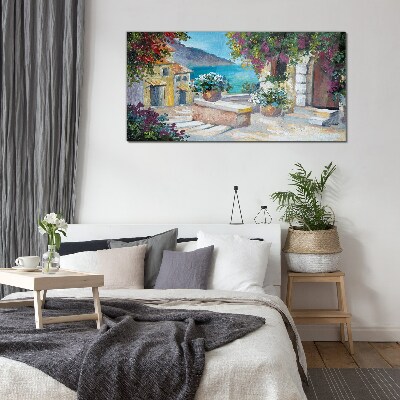 A seaside town in flowers Glass art print