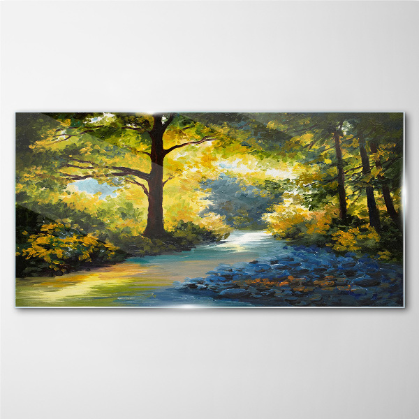 Golden light in the forest scenery Wall art on glass