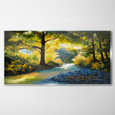 Golden light in the forest scenery Wall art on glass