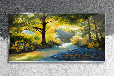 Golden light in the forest scenery Wall art on glass