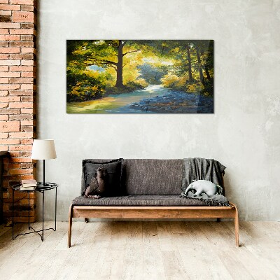 Golden light in the forest scenery Wall art on glass