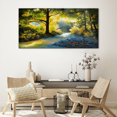 Golden light in the forest scenery Wall art on glass