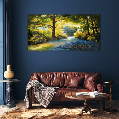 Golden light in the forest scenery Wall art on glass