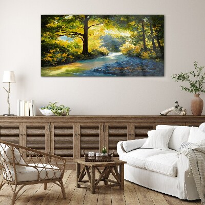 Golden light in the forest scenery Wall art on glass