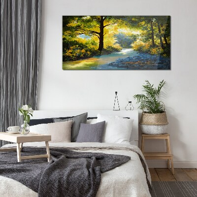 Golden light in the forest scenery Wall art on glass