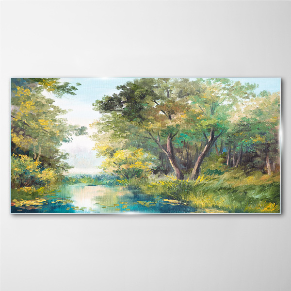 A peaceful forest landscape by the water Glass art print