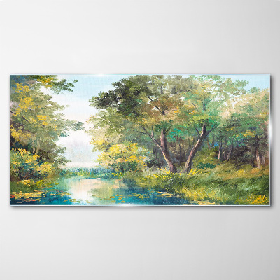 A peaceful forest landscape by the water Glass art print
