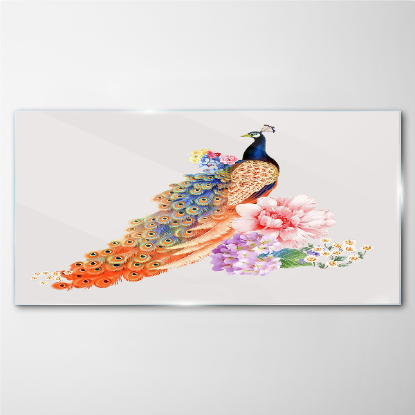 Peacocks among flowers Wall art on glass