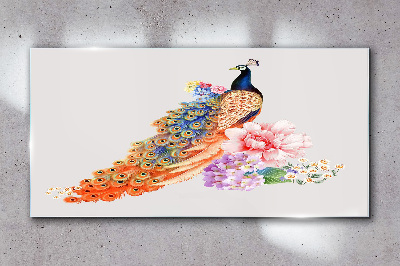 Peacocks among flowers Wall art on glass