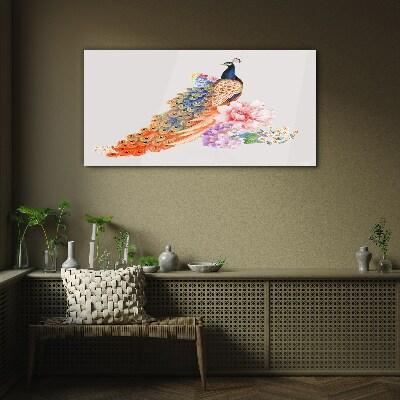 Peacocks among flowers Wall art on glass