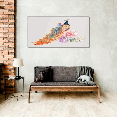 Peacocks among flowers Wall art on glass