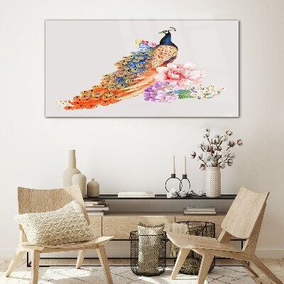 Peacocks among flowers Wall art on glass