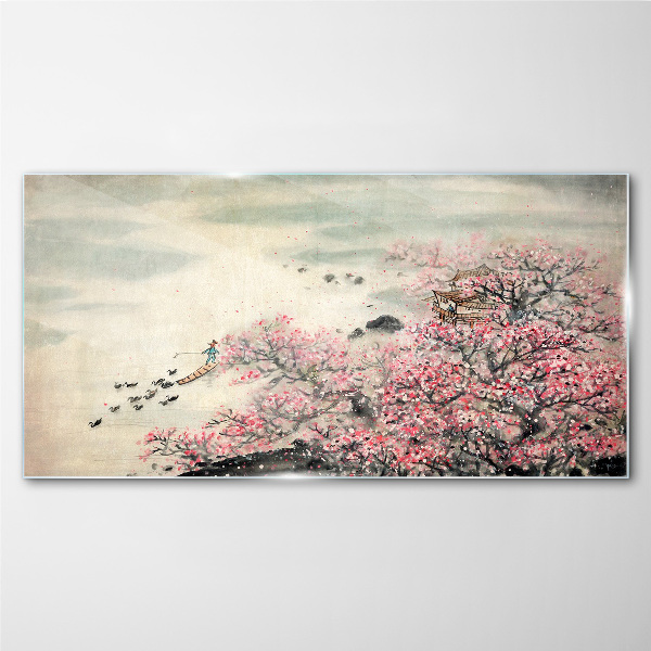 Spring landscape with blooming trees Glass art print