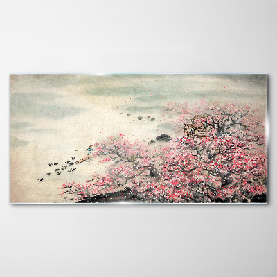Spring landscape with blooming trees Glass art print