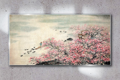 Spring landscape with blooming trees Glass art print
