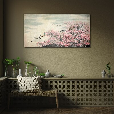 Spring landscape with blooming trees Glass art print