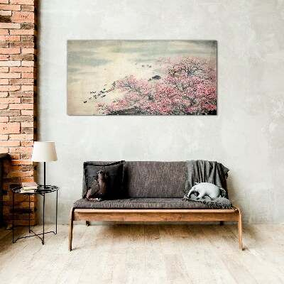 Spring landscape with blooming trees Glass art print