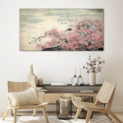 Spring landscape with blooming trees Glass art print