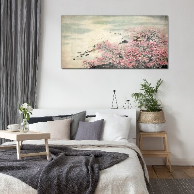 Spring landscape with blooming trees Glass art print