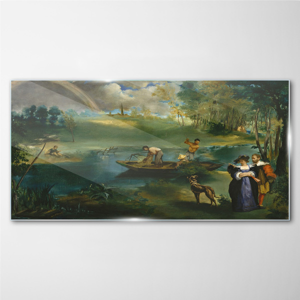 A scene by the water with fishermen Wall art on glass