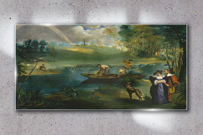 A scene by the water with fishermen Wall art on glass