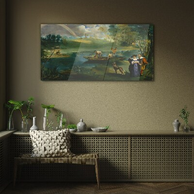 A scene by the water with fishermen Wall art on glass