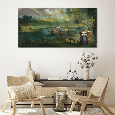 A scene by the water with fishermen Wall art on glass