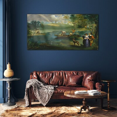 A scene by the water with fishermen Wall art on glass
