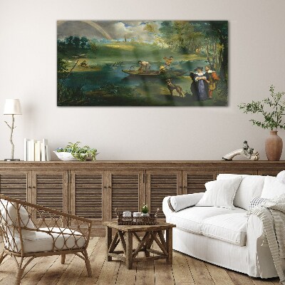 A scene by the water with fishermen Wall art on glass