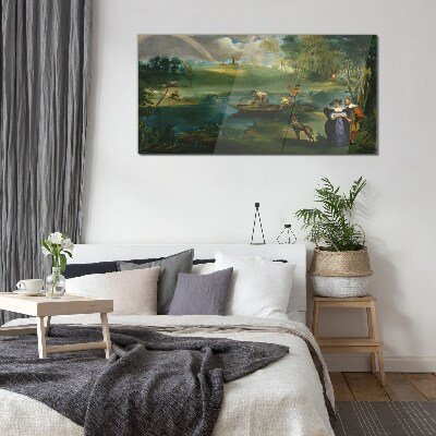A scene by the water with fishermen Wall art on glass