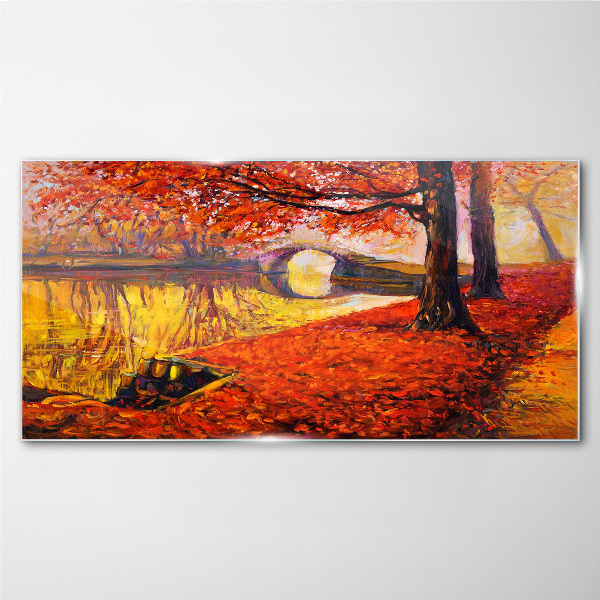 Golden autumn on the river Wall art on glass