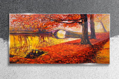 Golden autumn on the river Wall art on glass